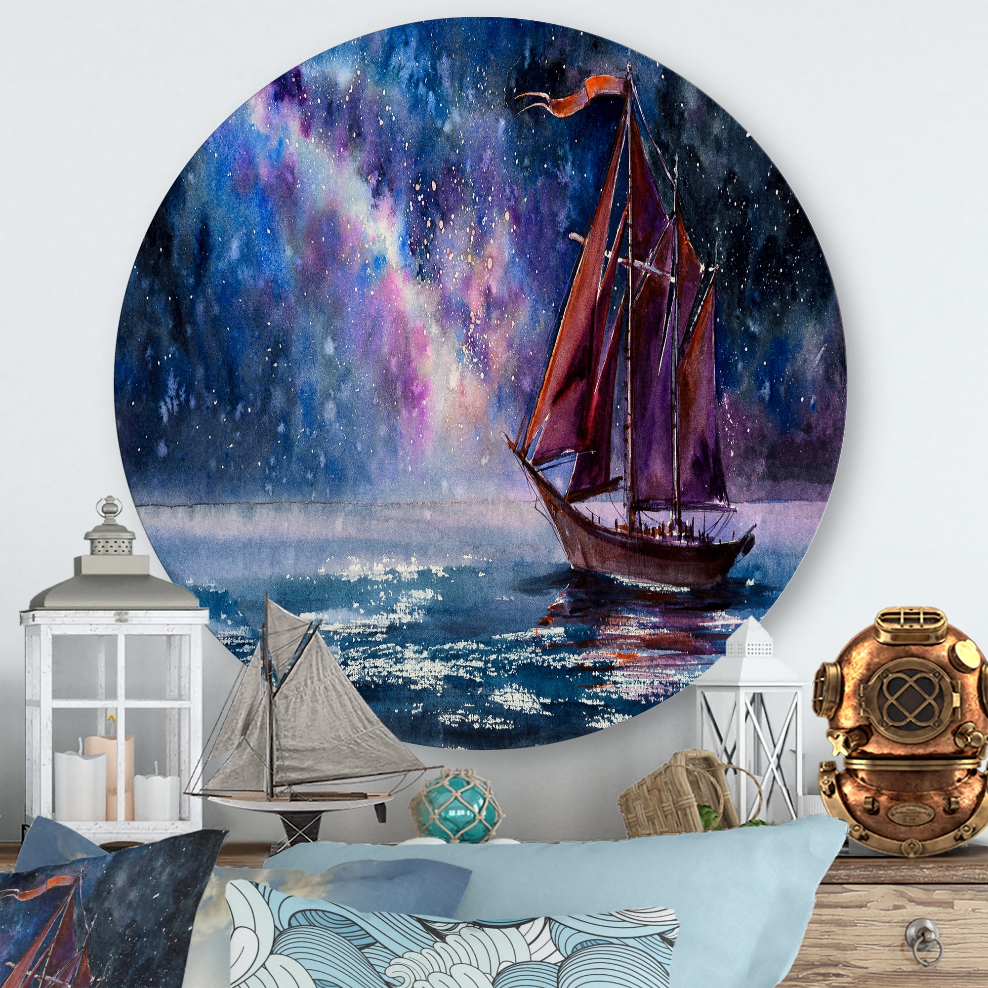 Designart 'Red Sails & Bright Night Sky With Wooden Sailboat' Nautical & Coastal Circle Metal Wall Art 11x11 - Disc of 11