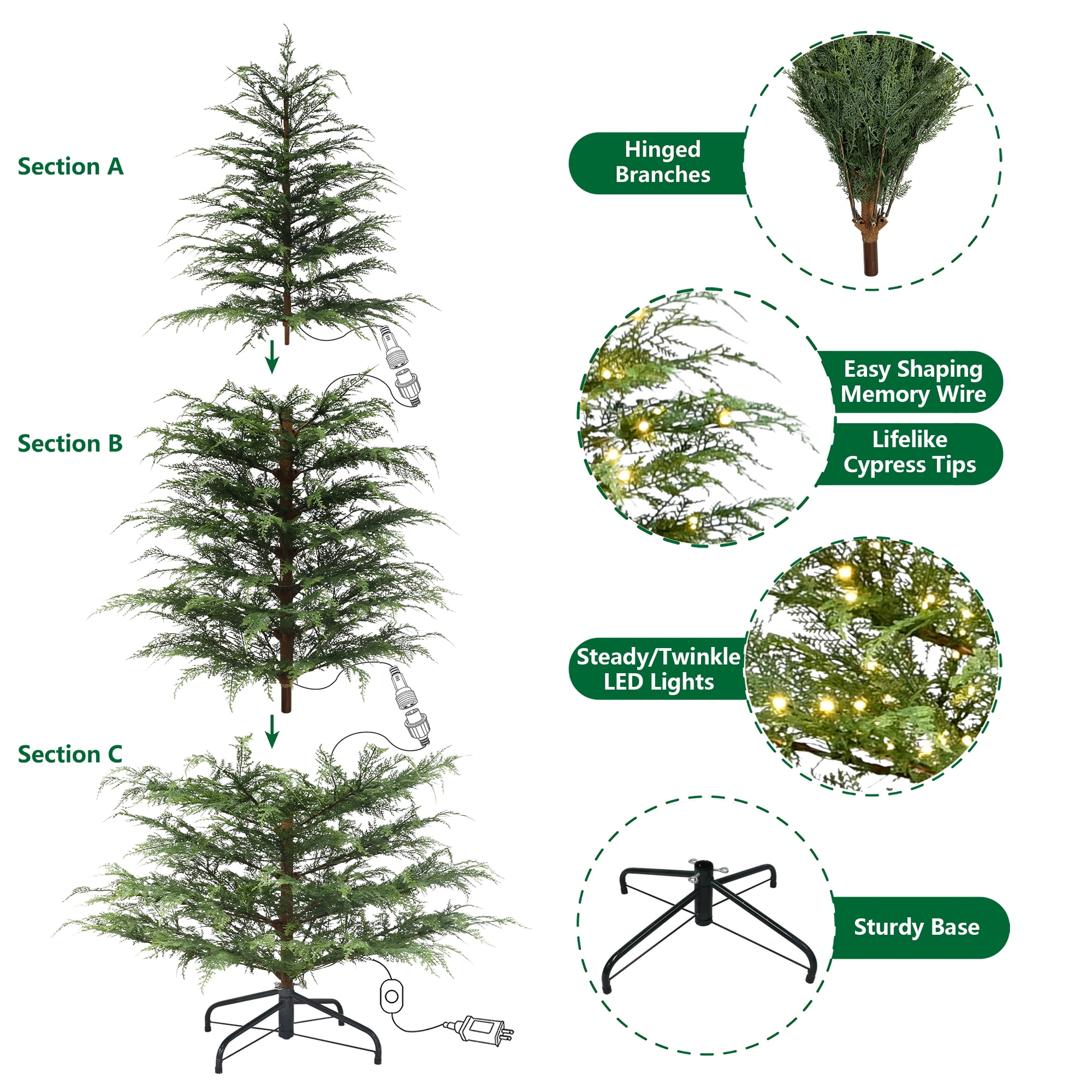 My Texas House 9ft Prelit Green Cypress Artificial Christmas Tree, 600 Warm White Twinkle LED