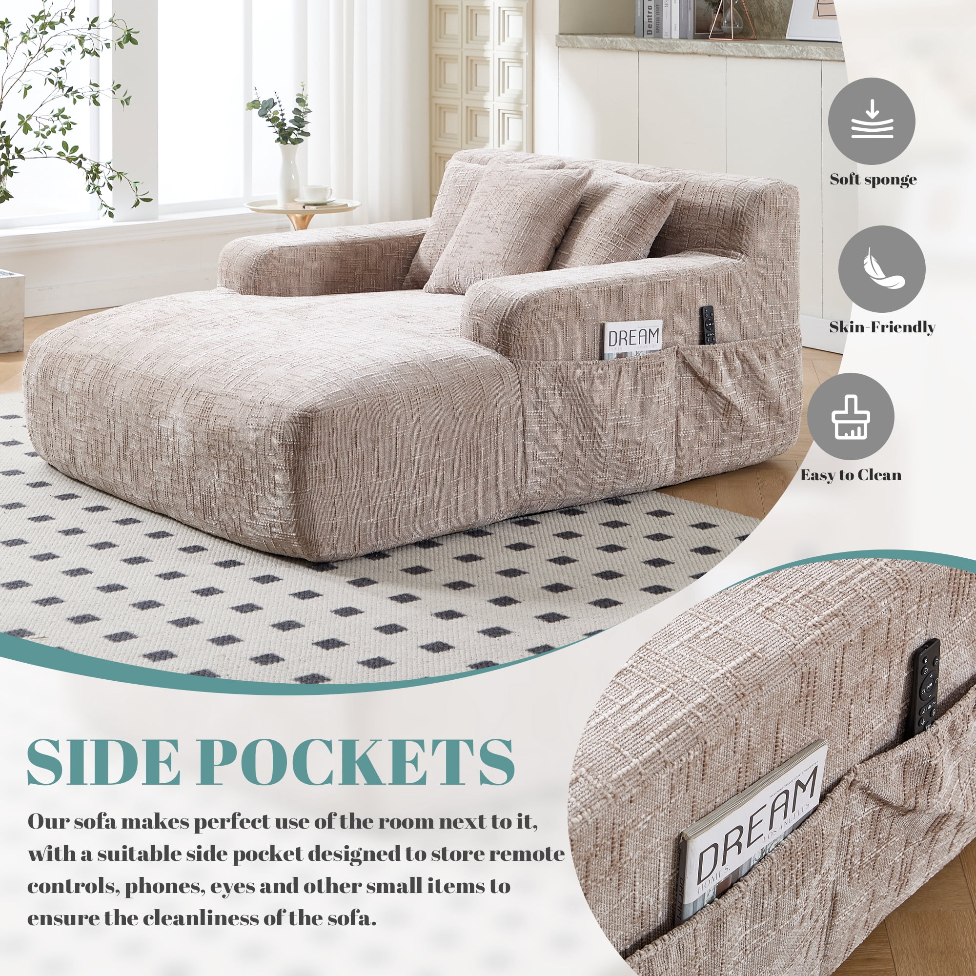 MOONMISS Chenille Upholstered Deep Seat Bean Bag Lazy Sleeping Sofa Chair with Three Pillows and Side Pocket-Khaki
