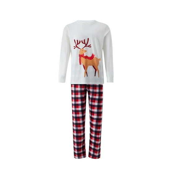 hirigin Christmas Matching Family Pajamas, Elk Print Pullover + Plaid Pants, Solid Color Dog Clothes + Triangular Scarf, Jumpsuit