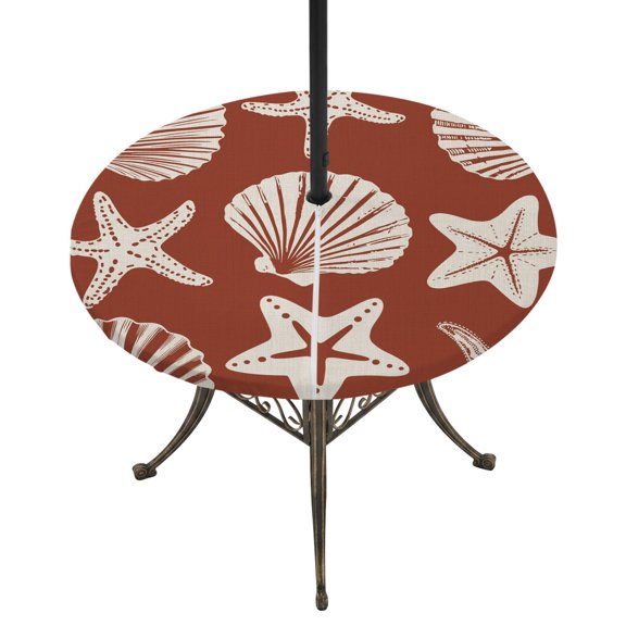 Round Outdoor Tablecloth with Umbrella Hole and Zipper, Red Coastal Starfish Tablecloth with Elastic Waterproof, Ocean Sea Shells Nautical Marine Patio Table Covers for 55" - 60" Picnic Pool Tables