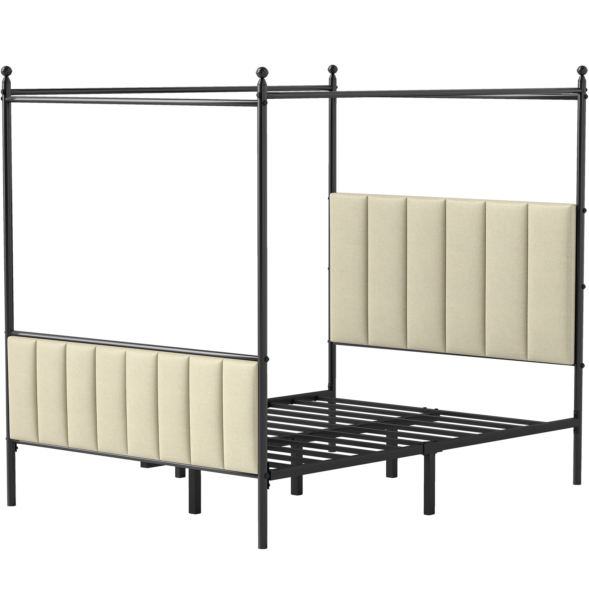 Dextrus-Queen Size Upholstered Metal Canopy Bed Frame, Strong Metal Slat Mattress Support, Beige