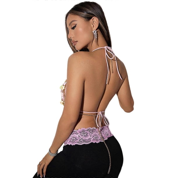 Hollow Colorful Pendant Charm Halterneck Bra Metal Chest Chain Bralette Crop Top Festival Party Body Jewelry for Women