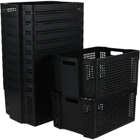 12-Pack Plastic Stacking Storage Basket, Large Plastic Organizer Baskets Bin, Black