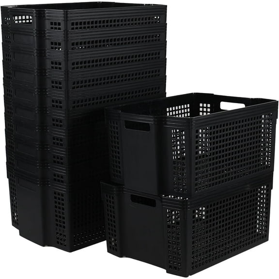 12-Pack Plastic Stacking Storage Basket, Large Plastic Organizer Baskets Bin, Black