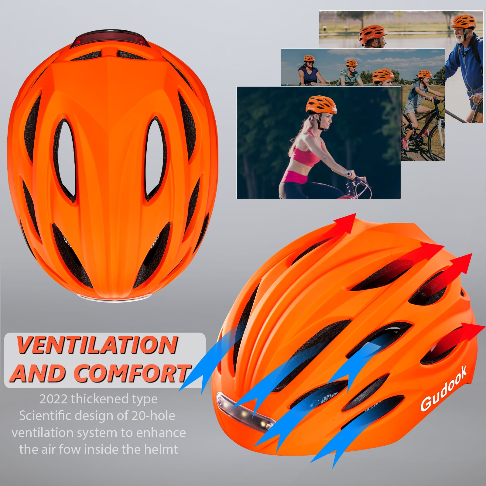 GUDOOK Bike Helmet Adult Bike Helmets for Men/Women:  USB Rechargeable LED Front and Rear Lights for Cycling Urban Commuter Skateboard