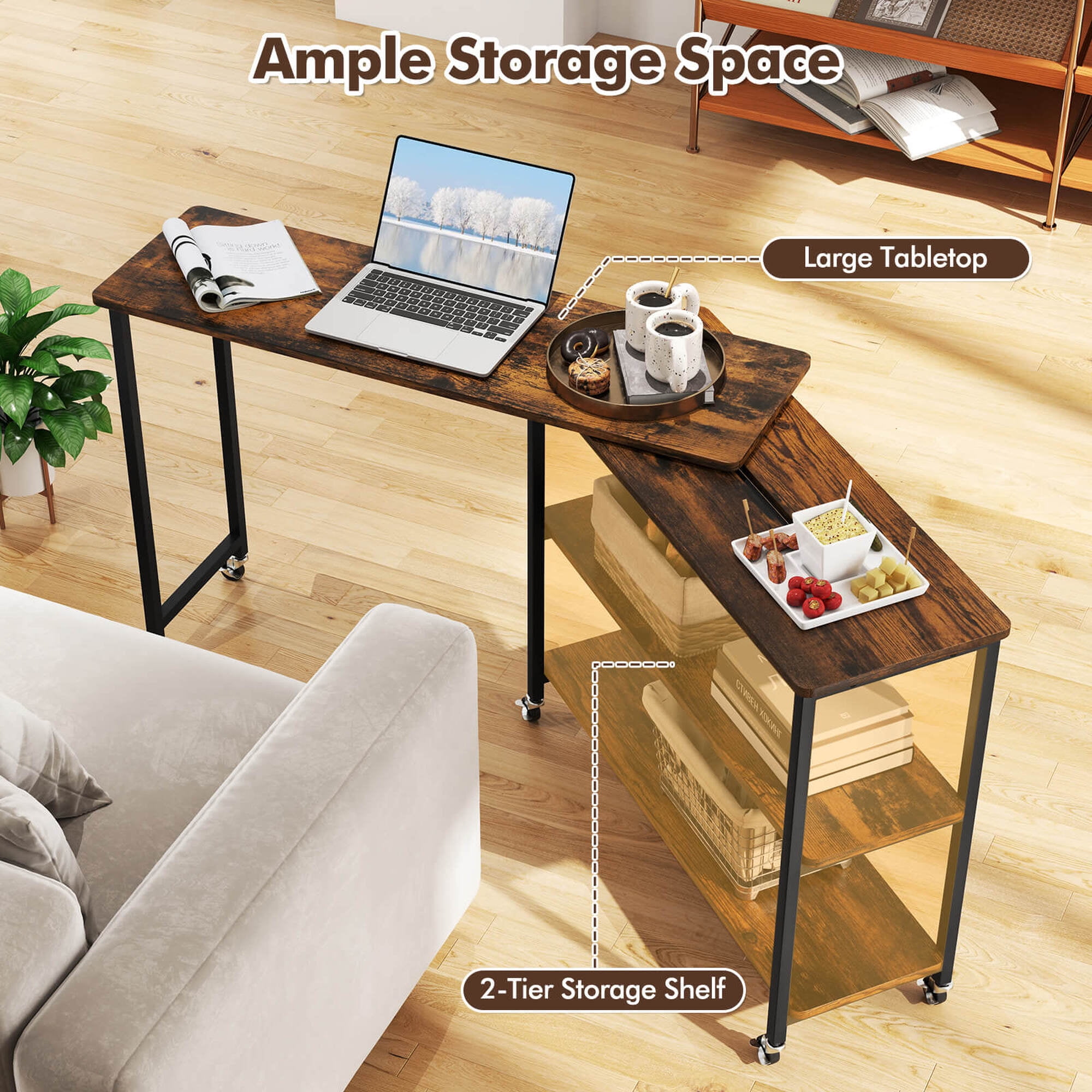 Costway Large 360° Free Rotating Sofa Side Table with Wheels