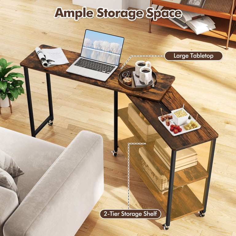 Costway, Large 360° Rotating Sofa Side Table with Wheels, Rustic