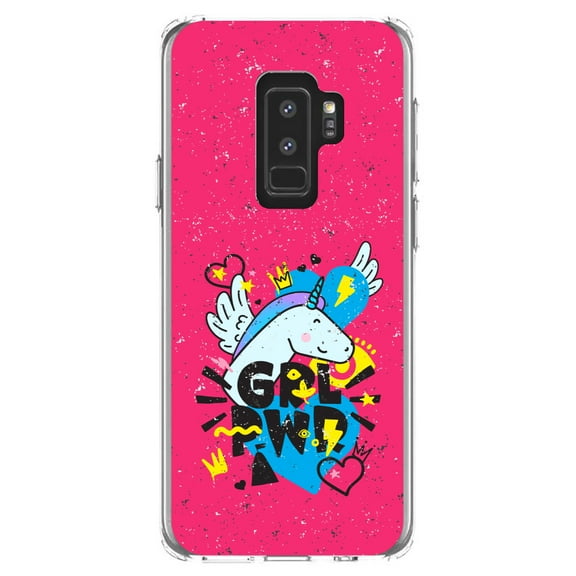 DistinctInk Clear Shockproof Hybrid Case for Samsung Galaxy S9  PLUS (6.2" Screen) - TPU Bumper, Acrylic Back, Tempered Glass Screen Protector - Girl Power - GRL PWR - Unicorn Hearts Graffiti