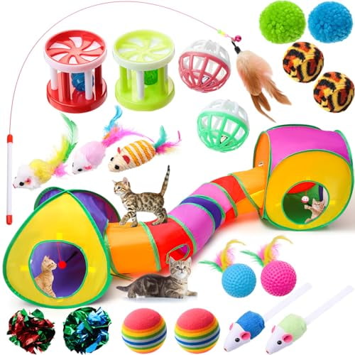 21 Pcs Cat Tunnels for Indoor Set,3 In1 Collapsible Cat Tunnel Toy with Cube Tent Toys Combo and 20 Pcs Interactive Kitty Toys Feather Toy Fluffy Mouse Crinkle Balls for Kitten Puppy