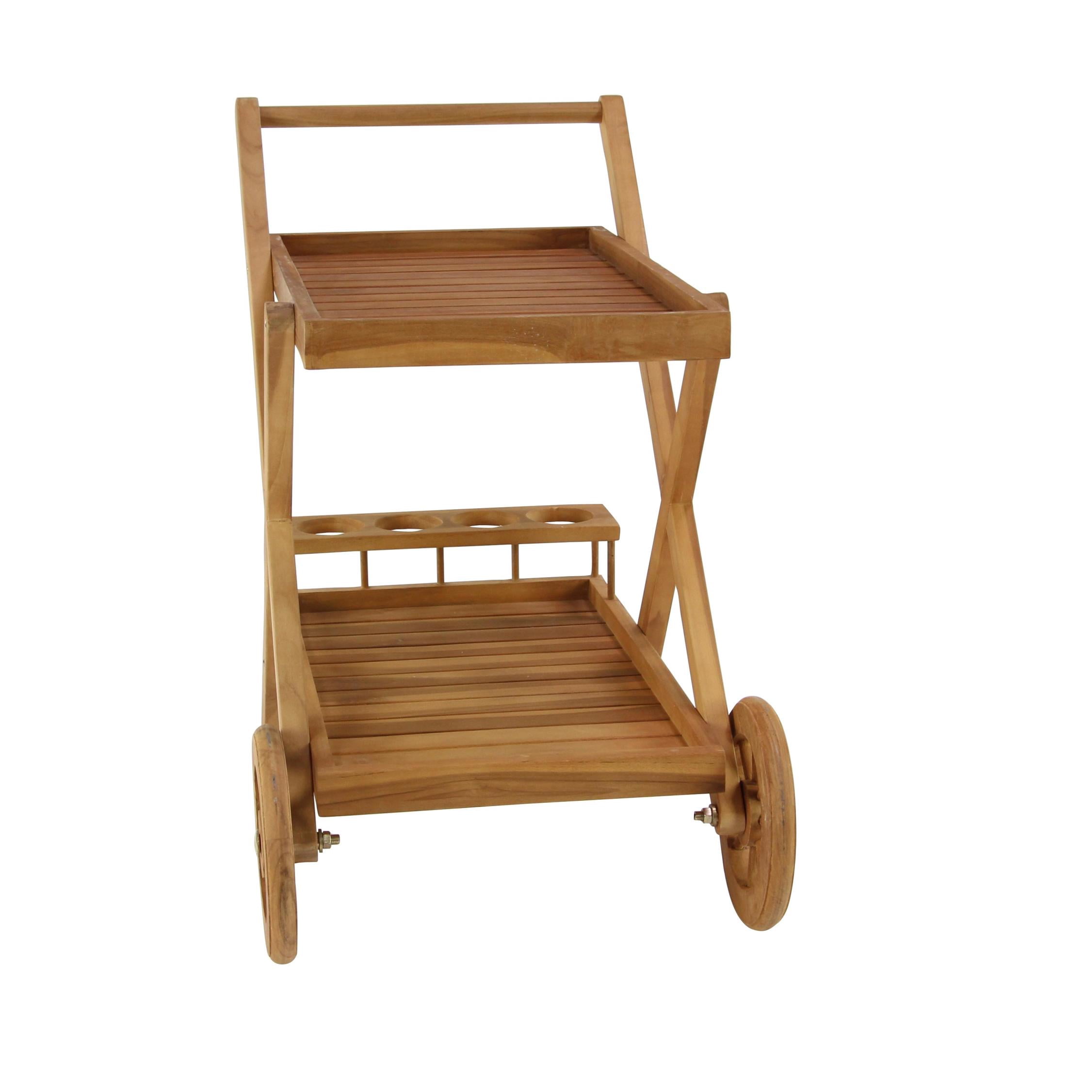 DecMode 32" x 32" Brown Teak Wood Indoor Outdoor Rolling 2 Shelves Bar Cart with Wheels and Handle, 1-Piece