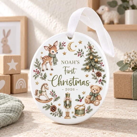 Personalised Christmas Ornament First Christmas Woodland Theme Ceramic Hanging Bauble Decor for Holiday Celebration