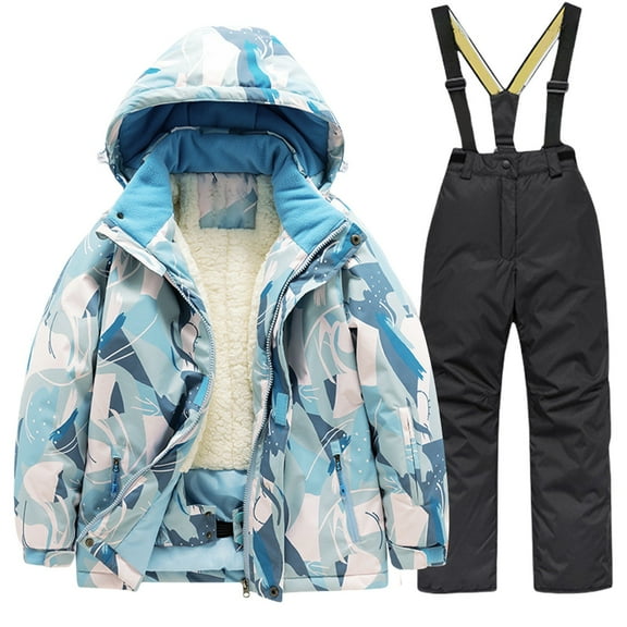 Coerni Youth Boys Snowsuit Kids Winter Warm Fleece Lined Ski Suit Insulated Thickened Outdoor Down Jacket   Ski Pants Snow Clothes