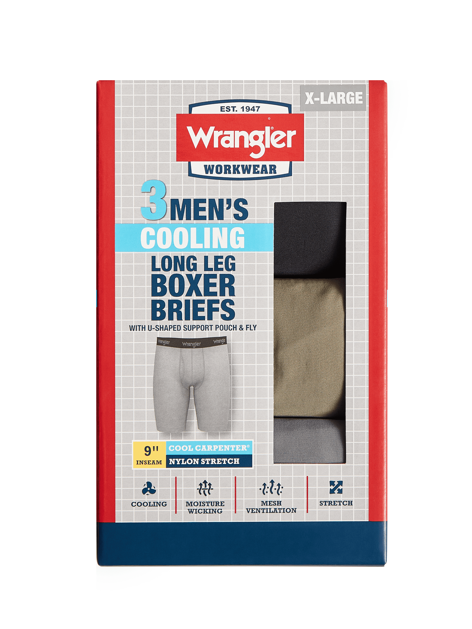Wrangler Cool Carpenter 6" Boxer Briefs Men's Underwear, 3XL, Black/Duffle Green/Charcoal, 3-Pack