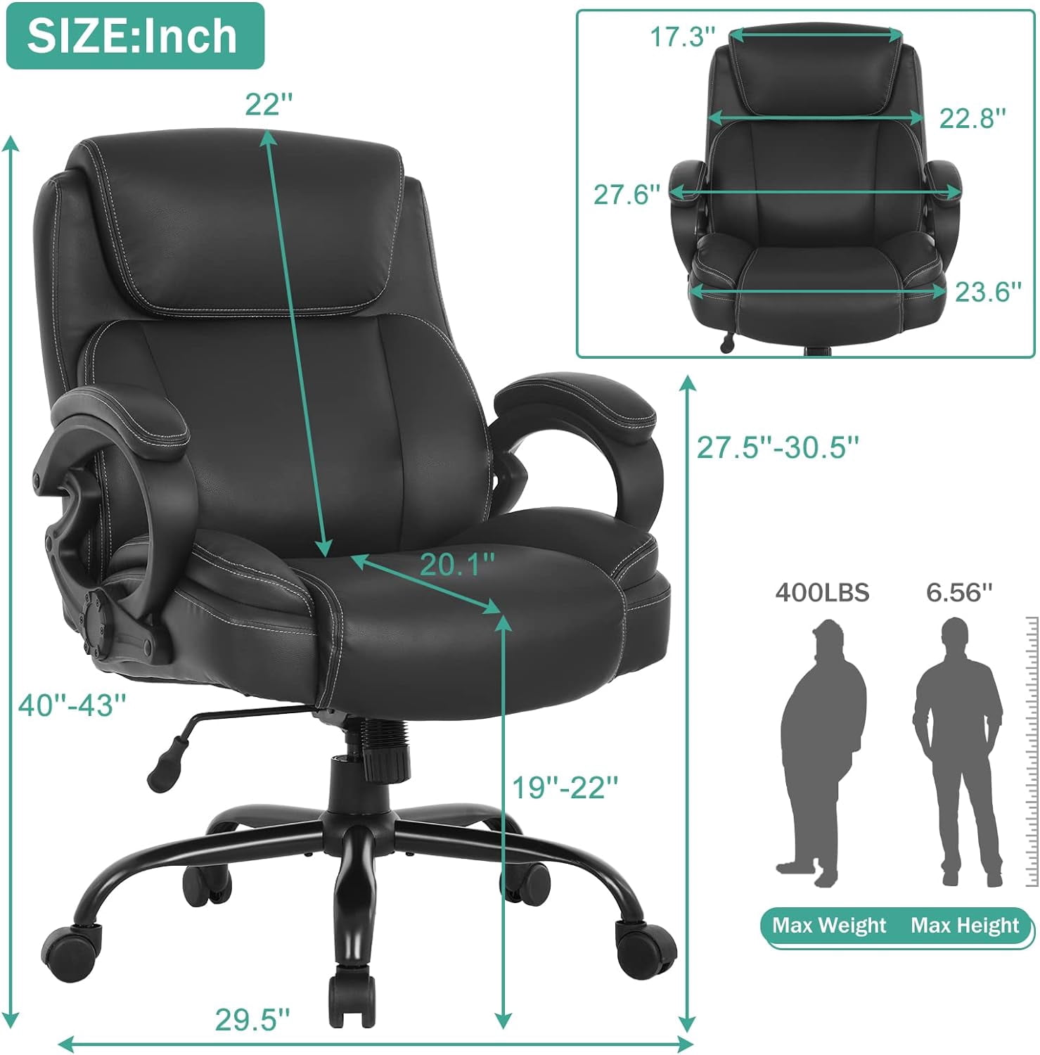 Dkelincs Big and Tall Large Office Chair 400 lbs Wide Seat Ergonomic Computer Desk Chair with Lumbar Support Armrest Headrest, Black