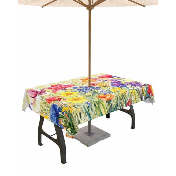 Fsddascl Yellow Plaid Tulip Outdoor Tablecloth - 60x84 Inch Rectangle Dining Table Cover, Spring Floral Watercolor Botanical Waterproof Outdoor Table Cloth with Umbrella Hole & Zipper for Patio
