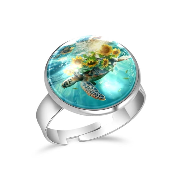PhooArto Swimming Sea Turtle Sunflowers Stainless Steel Rings for Women, Open Adjustable Ring Promise Ring Jewelry Gifts