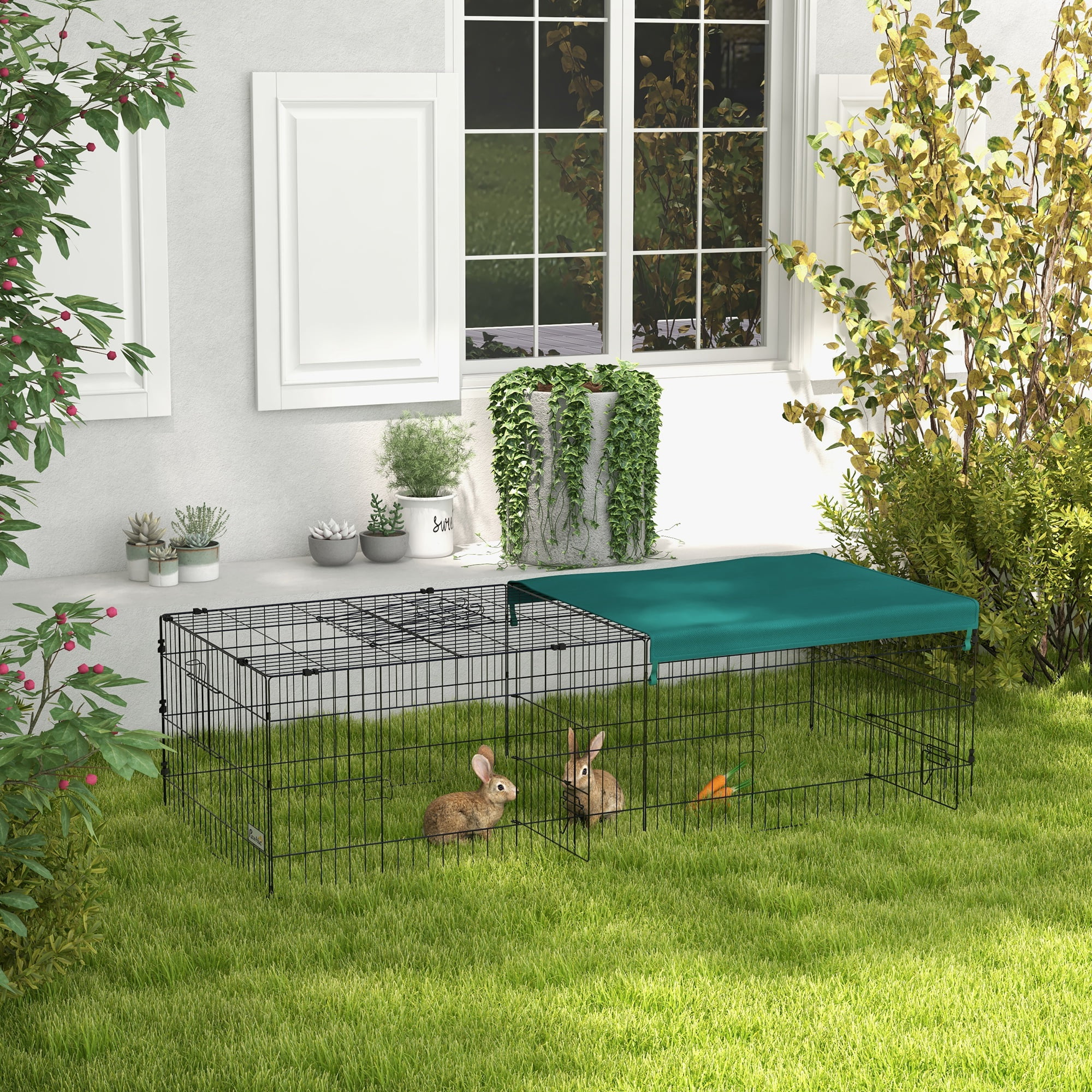 Pet Playpen PawHut 73" Small Animal Playpen, Pet Playpen Yard Fence for Rabbits, Chicken, Chinchillas with Roof for Indoor & Outdoor, Green,Guinea Pig Cage