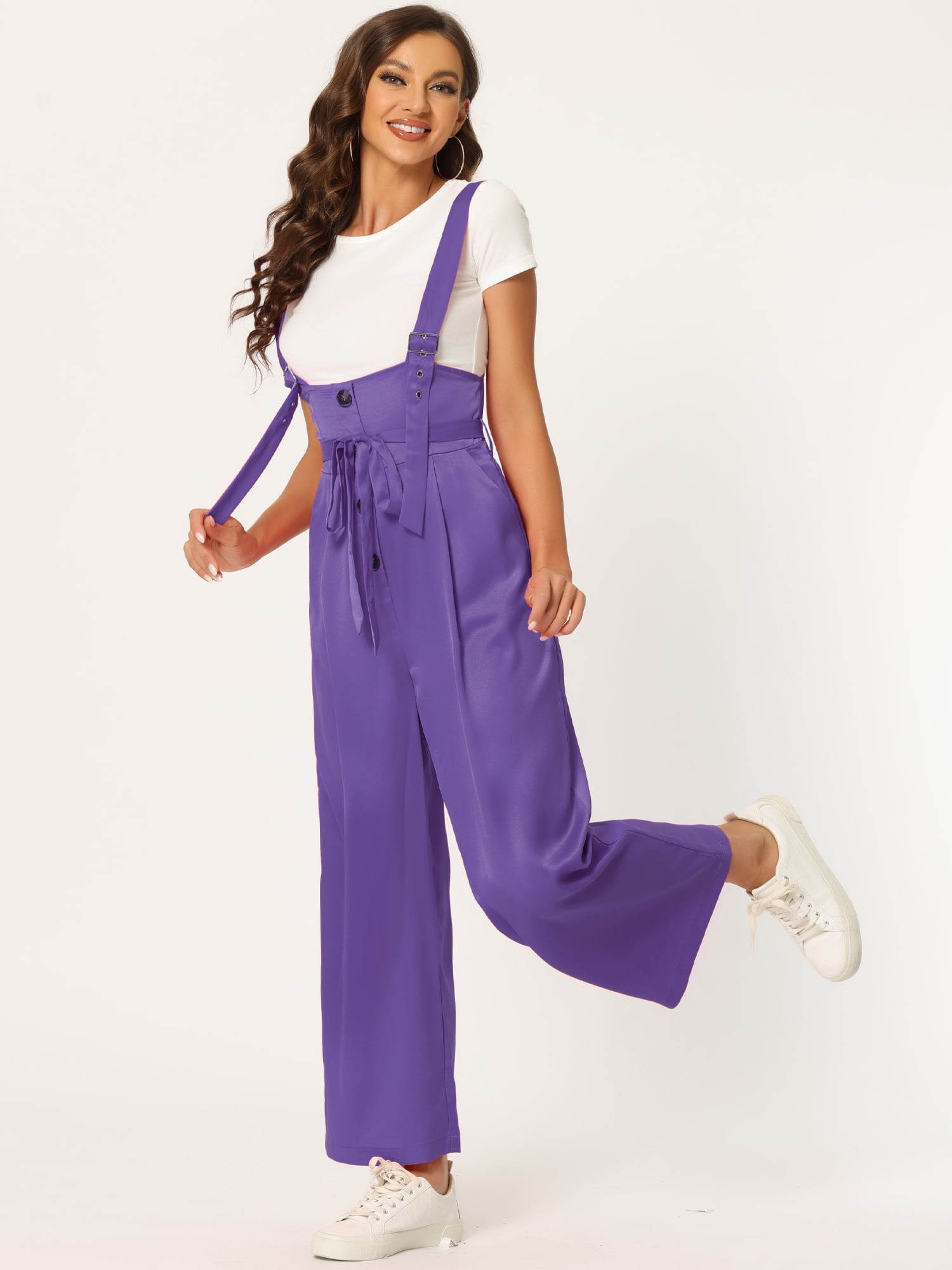 DARING DIVA Women's Button Front High Waist Belted Overall Jumpsuit M Grape