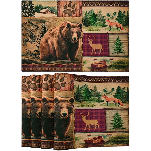 Ktinnead Placemats Rustic Lodge Bear Moose Deer Farmhouse Style Place