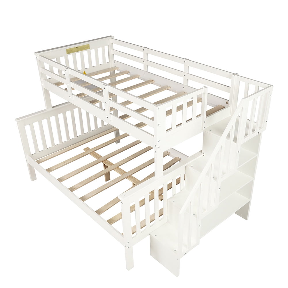 Private Jungle Solid Wood Twin-Over-Full Stairway Bunk Bed with Drawers/Storage/Trundle and Guard Rail for Bedroom and Dorm,White