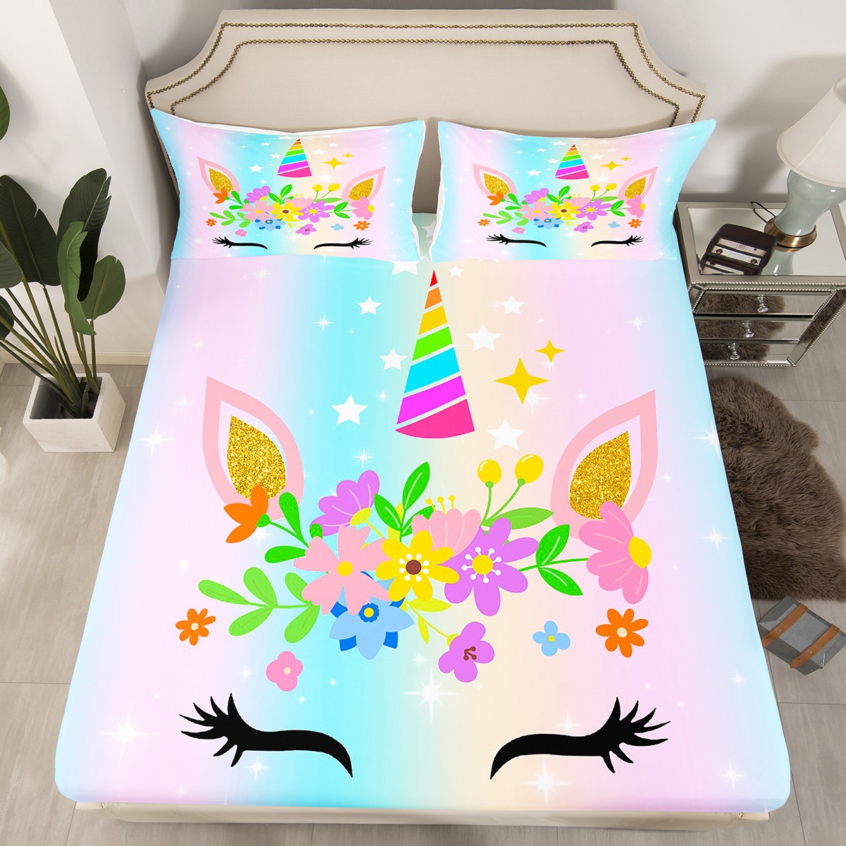 YST Kid Unicorn Twin Bed Sheet, Rainbow Unicorn Sheet Set For