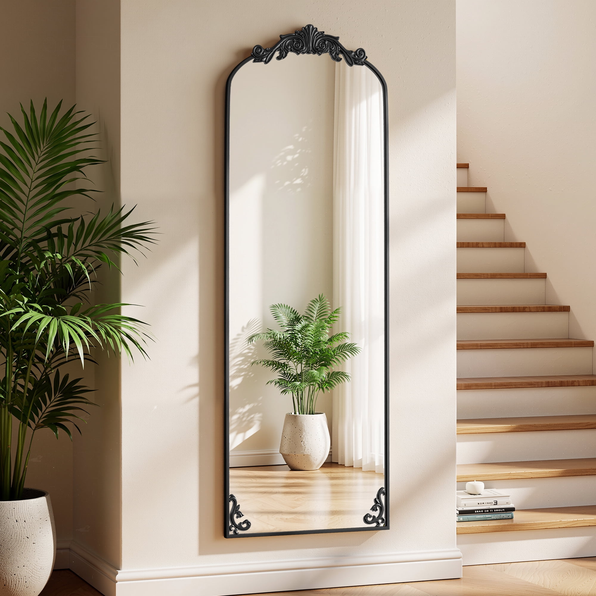 Anyrose 66"x 21" Baroque Full Length Mirror Arched Vintage Floor Mirror with Stand, Black