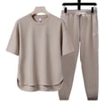 thumbnail image 2 of Matching Travel Outfit Short Sleeve Loose Pants Set Summer Loose Breathable Casual Daily Round Collar Suit Khaki S, 2 of 5