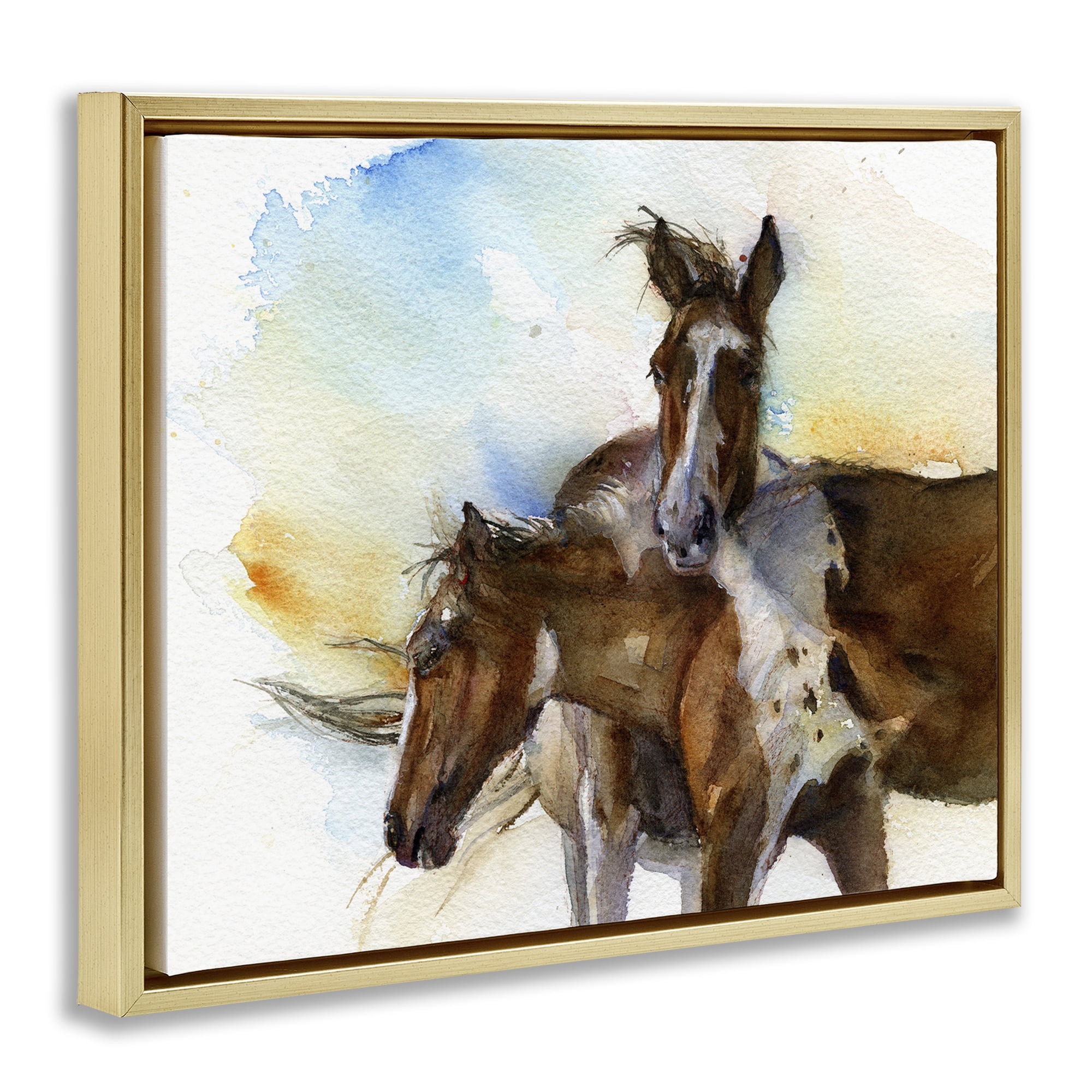 Stupell Industries Brown Horses Watercolor Animals & Insects Painting Gold Floater Framed Canvas Art Print Wall Art, 21 x 17