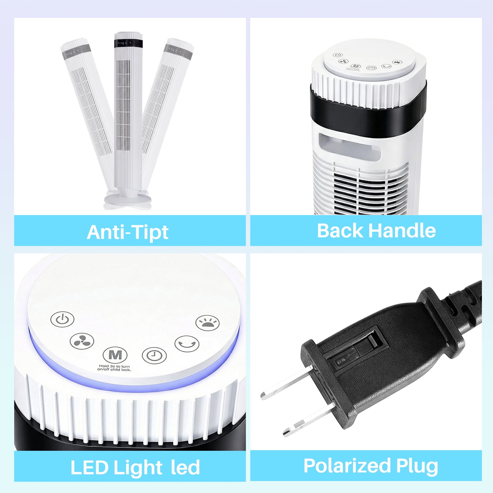 Tower Fan for Home, 64° swivel Standing Floor Fan with Remote, Bladeless Fan Cold Air Quiet, 5 Speeds, 4 Modes, LED Display, White