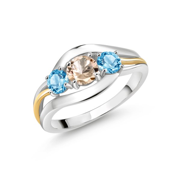Gem Stone King 1 11 Ct Round Peach Morganite Swiss Blue Topaz 925 Silver And 10k Yellow Gold Ring Walmart Com