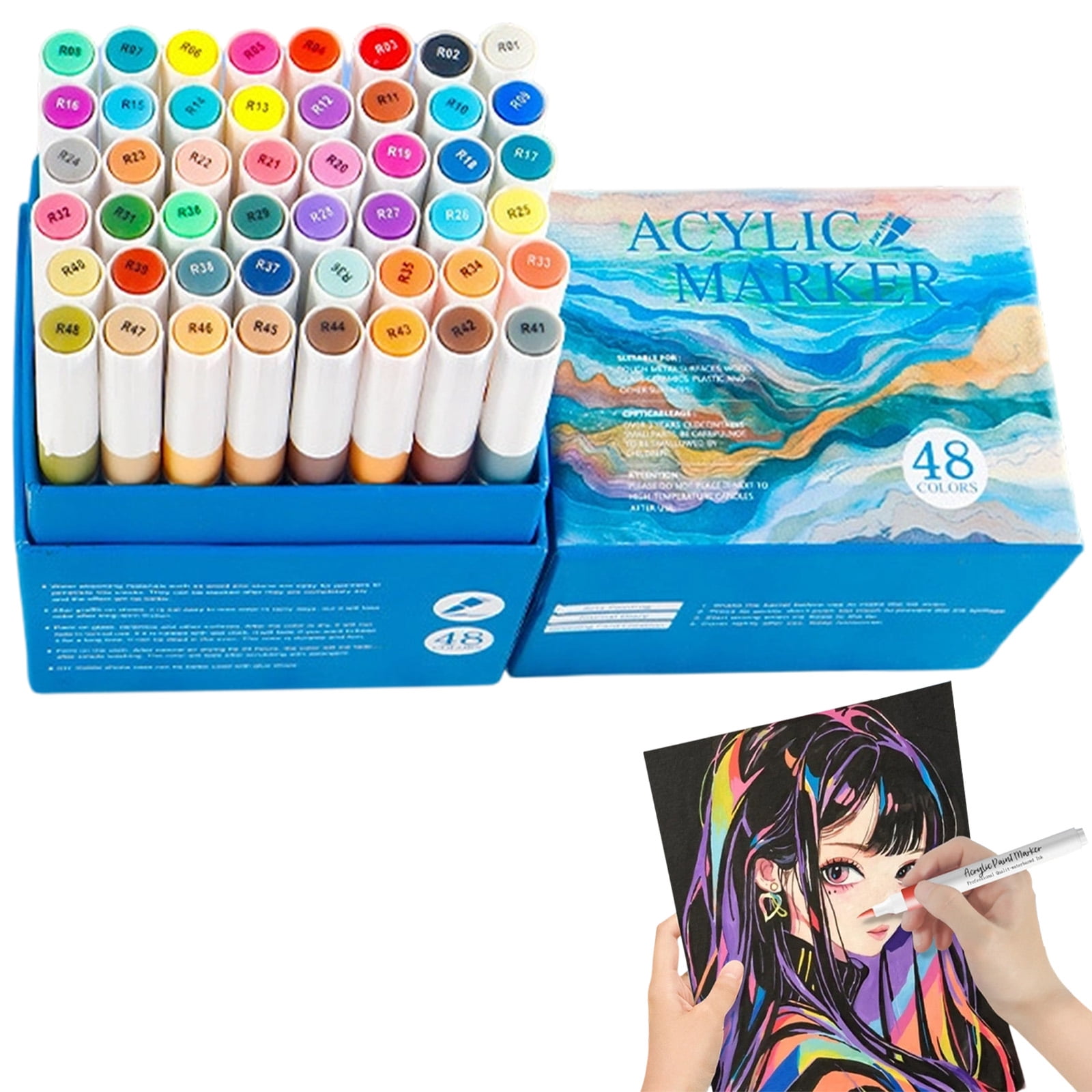 12/24/36/48 Colors Acrylic Paint Pens Marker Set for Rocks, Glass, Mugs, and Most Surfaces with 1-4mm Medium Tip Marker, Durable Soft Tip Watercolor Pens Artist Acrylic Markers(Blue3,4.2x3.3x5.7")