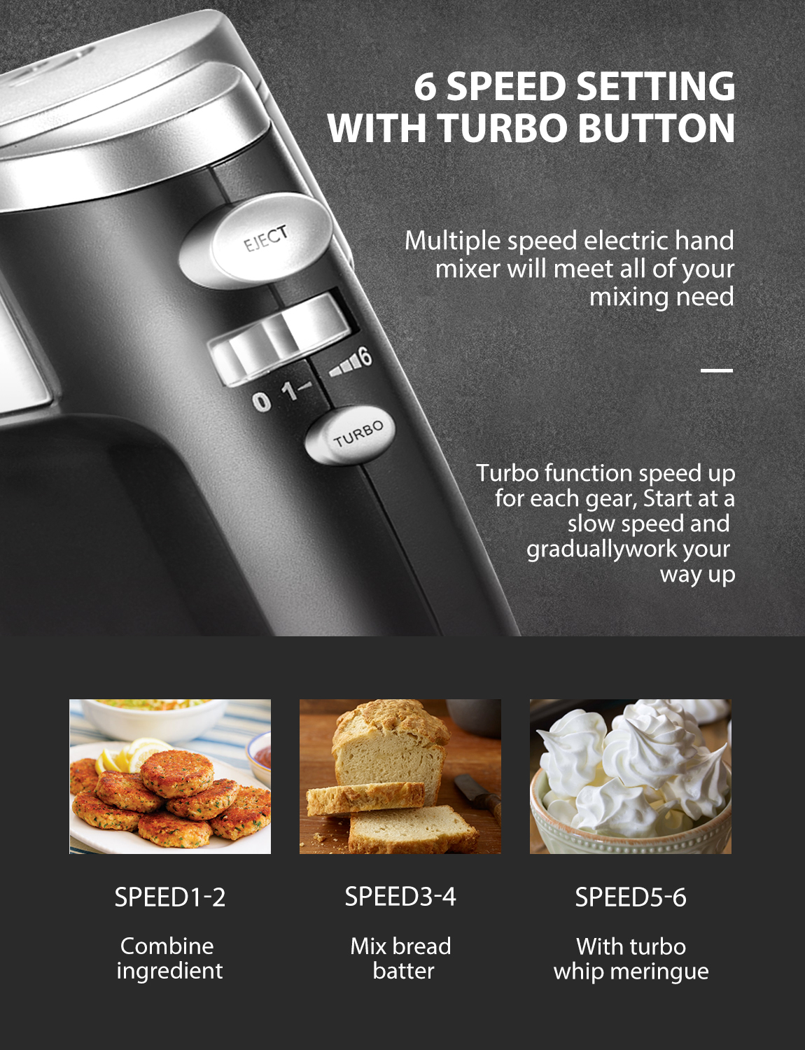 FOHERE 6-Speed Hand Mixer with Turbo Boost, Silver photo 6