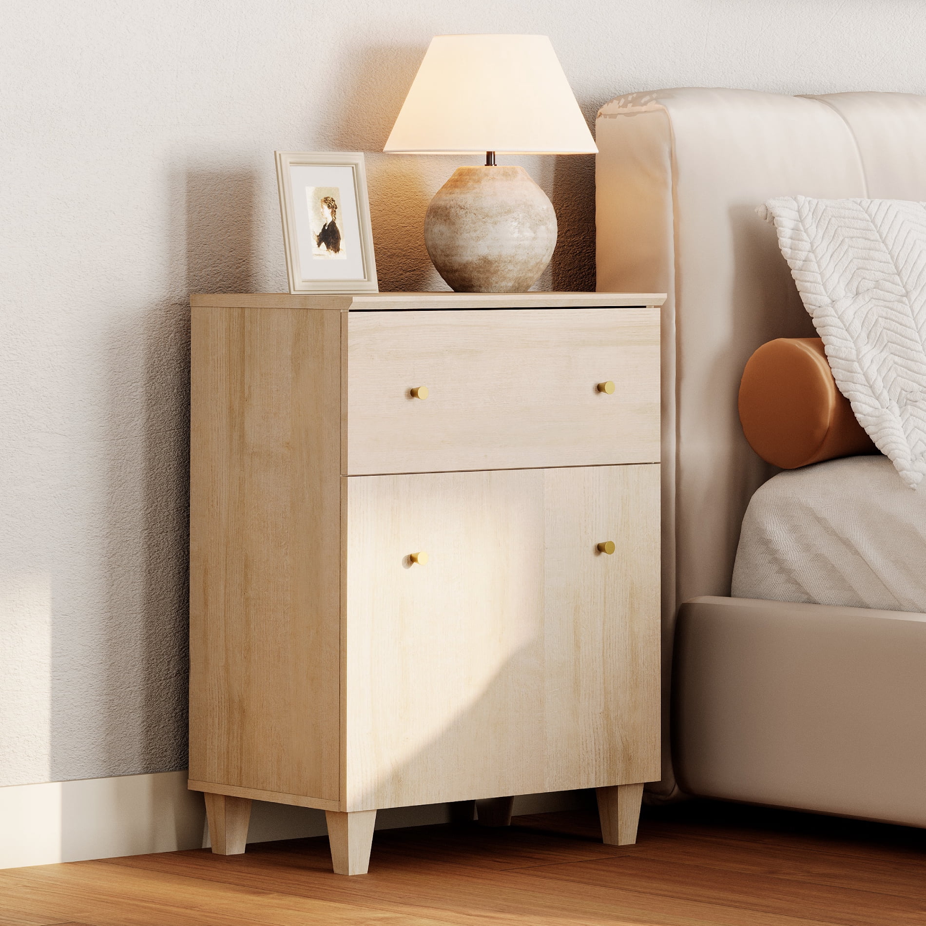 WAMPAT Nightstand with Drawer and Door, Modern Large Bedside Table with Adjustable Storage Shelf, Wooden Accent Cabinet for Bedroom, Natural Oak