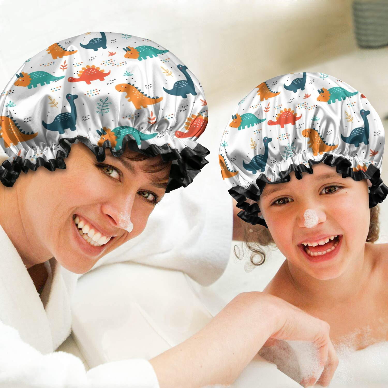 Shower Caps,White Cartoon Dinosaurs Pattern Waterproof Shower Cap for Women 4 Pieces,Double Reusable Hair Cover for Shower PEVA Elastic Stretch Hem
