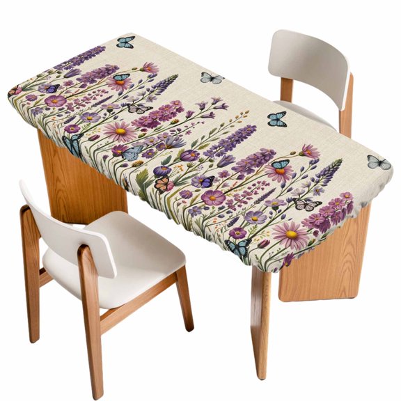 Purple Flowers Table Cloths for 3 Foot Rectangle Tables, Spring Butterflies Lavender Daisy Beige Patio Waterproof Elastic Fitted Tablecloths, Washable Rectangular Table Cover for Camping