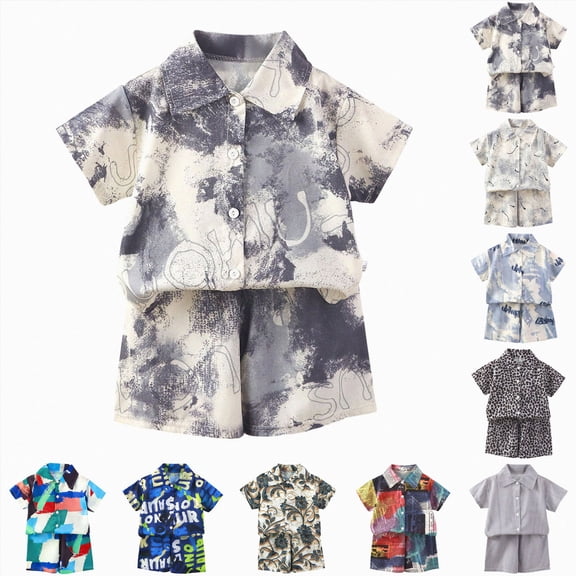 Gubotare Little & Big Boy's Button Down Hawaiian Shirts and Shorts Set Toddler Baby Boy Outfit Summer Clothing Light Gray,Size 12-18 Months