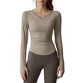 thumbnail image 2 of Womens Yoga Long Sleeve Open Front Cropped Shirts Halter Sports Pullovers Soft Workout Tees Built Light Coffee L, 2 of 9
