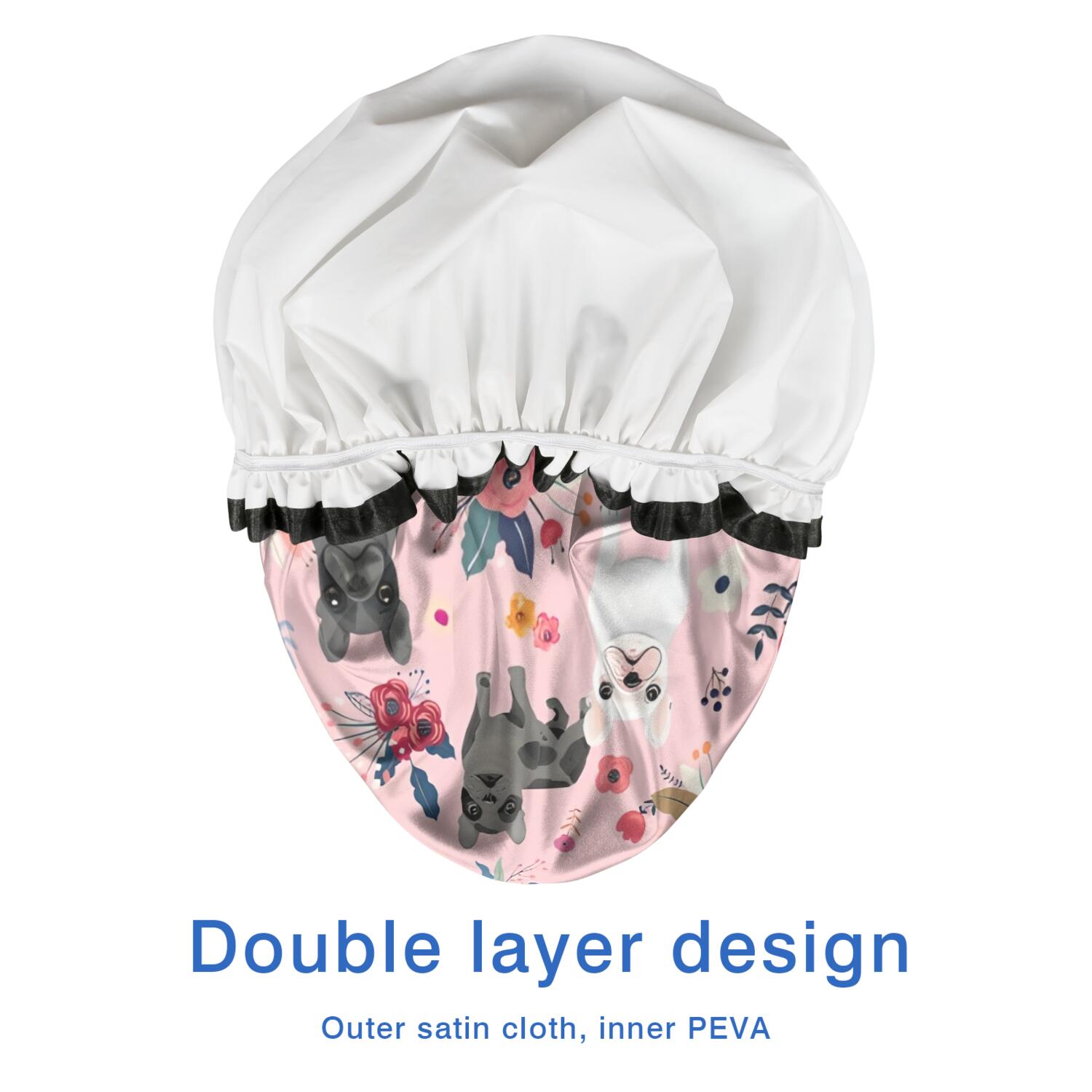 Shower Caps,French Bulldog Dog Pattern with Pioneer Flower Waterproof Shower Cap for Women 4 Pieces,Double Reusable Hair Cover for Shower PEVA Elastic Stretch Hem