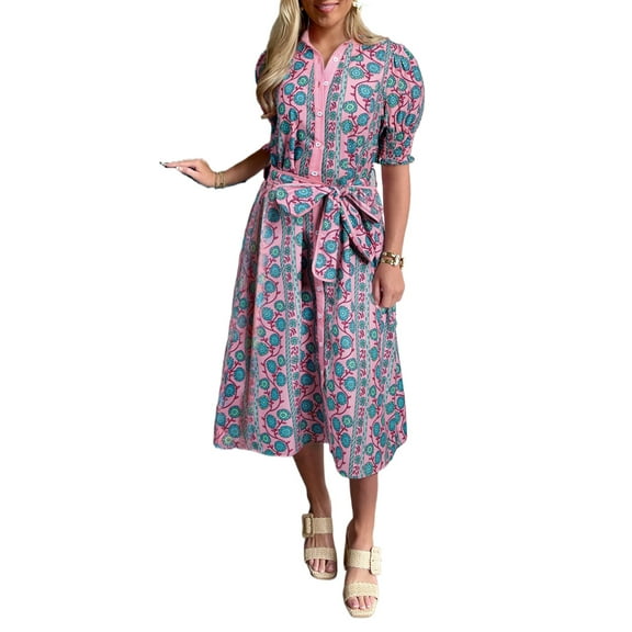 Women's Pink Floral Shirred Puff Sleeve Midi Dress with Sash - Bohemian Style - [ZhiHiMeRi] | (US 12-14)L