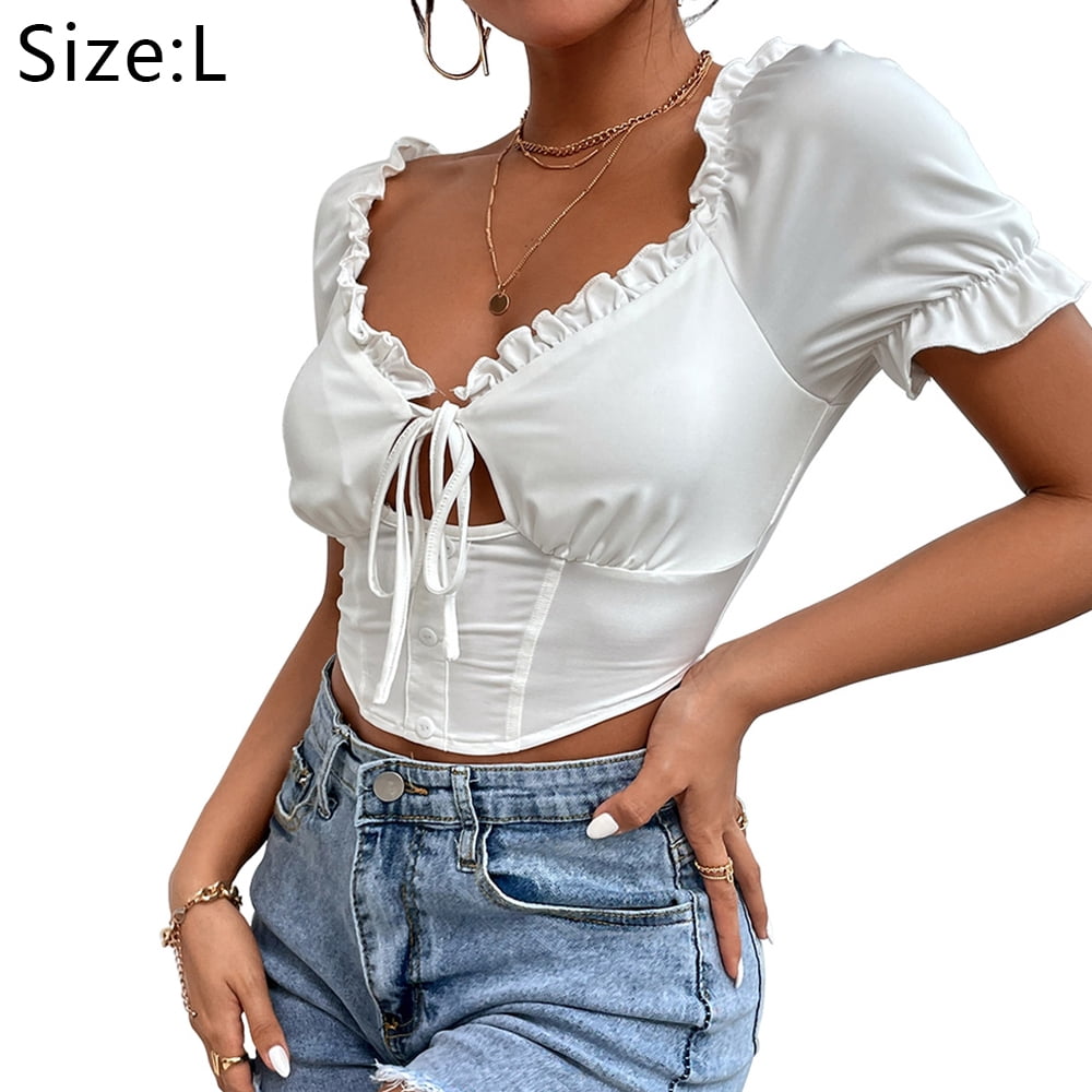 Women's Summer Square Neck Drawstring Front Crop Top Blouse - Walmart.ca