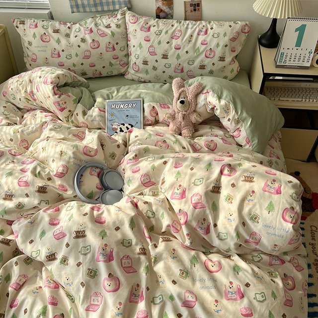 Double Print Waffle Cotton Bedding Set with Duvet Cover Pillowcases for Home