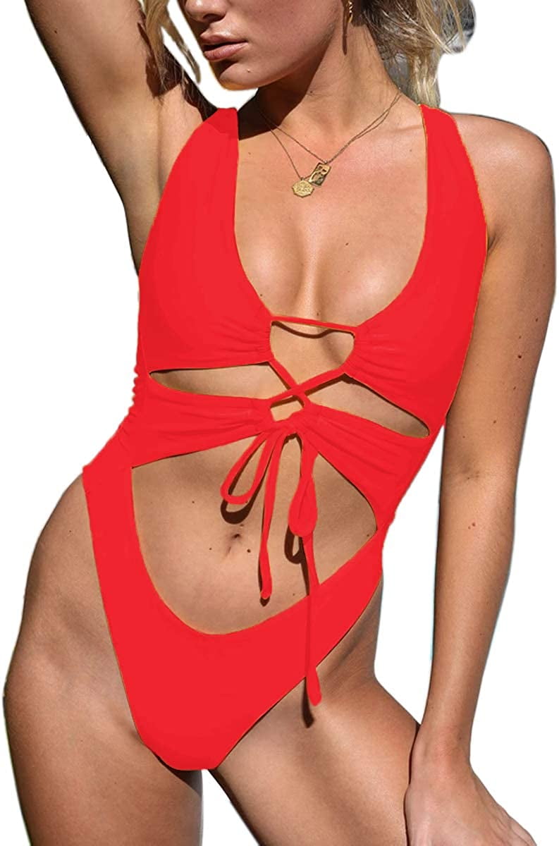 CHYRII Women's Sexy Cutout Lace Up Backless High Cut One Piece Swimsuit  Monokini 
