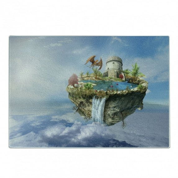 Fantasy Cutting Board, Island with Dragon Castle Tower Waterfall and Flipped Mountain in Space Image, Decorative Tempered Glass Cutting and Serving Board, Small Size, Green and Blue, by Ambesonne