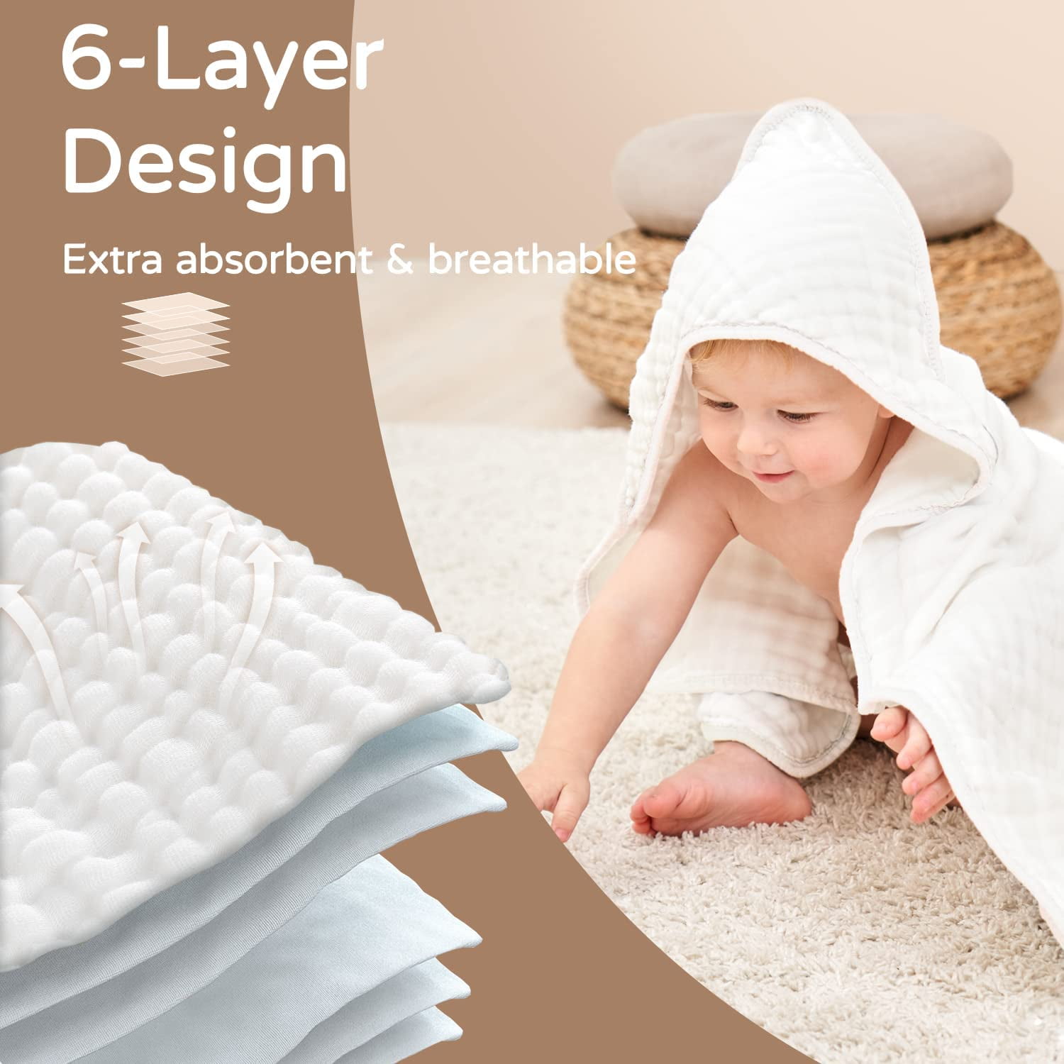 Hooded Baby Towels for Newborn 2 Pack 100% Muslin Cotton Baby Bath Towel with Hood for Babies, Infant, Toddler and Kids, Large 32x32Inch, Soft and Absorbent Newborn Essential