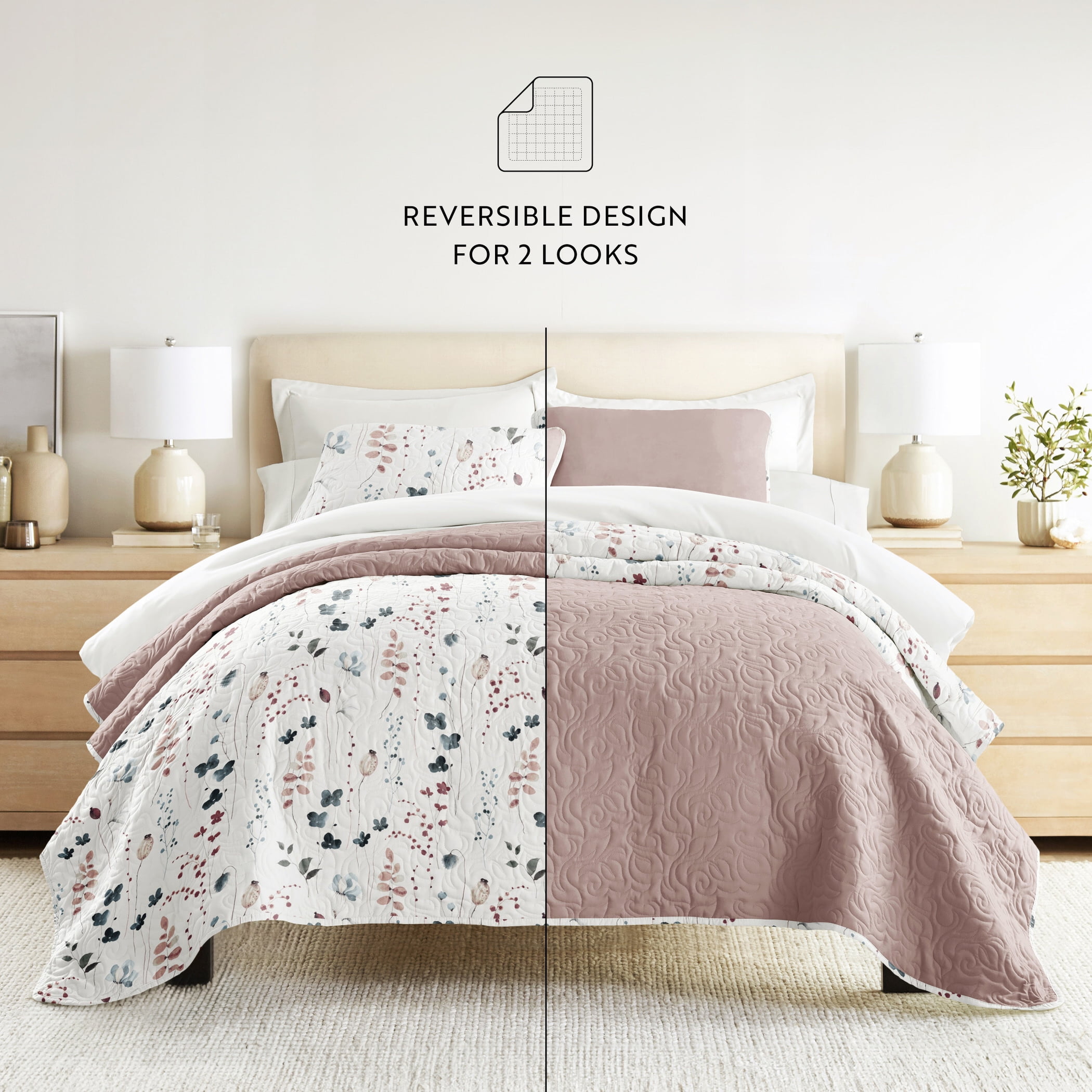 Noble Linens 3-Piece Mauve Poppy Bloom Reversible Quilt Set, Twin
