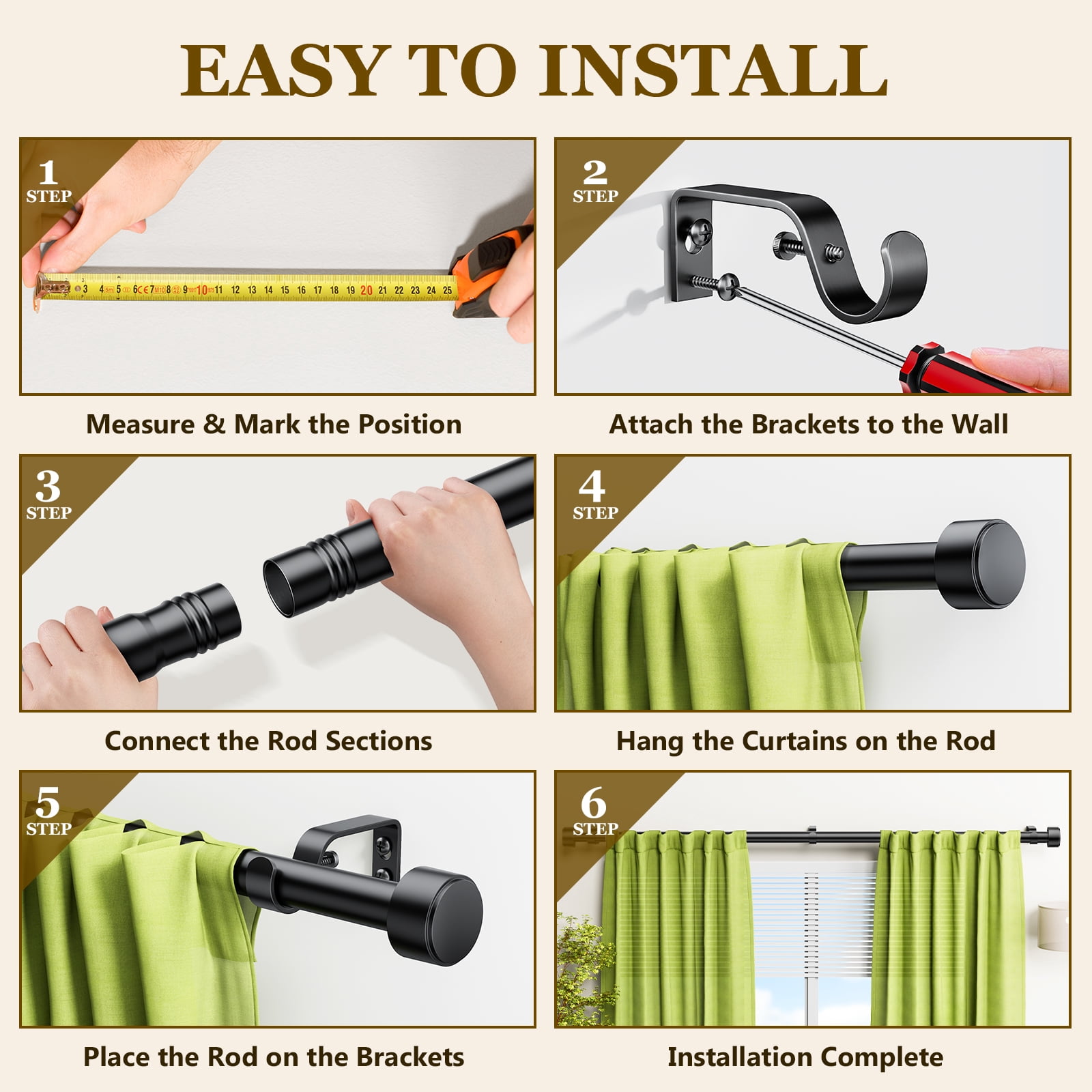 Heavy Duty Adjustable Curtain Rods for Windows, 1-Inch Diameter Matte Black Curtain Rod, 32-120 Inches