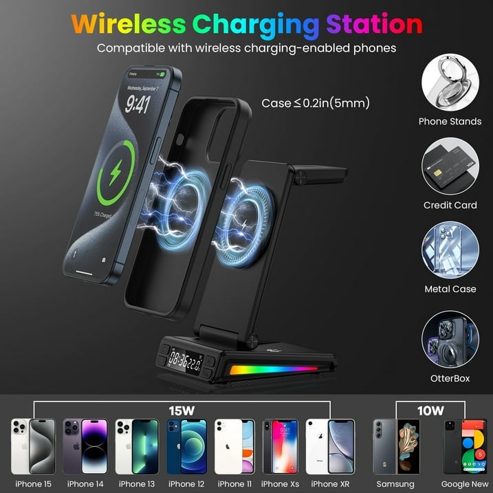 Wireless Charger,HopePow 5 in 1 Portable Fast Magnetic Wireless Charging Stand Dock Watch Charging Station for Multiple Devices FCC Approved