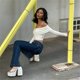 thumbnail image 4 of Women Long Sleeve Pullover Crop Top Solid Color Off Shoulder Sexy Casual Slim Fit T-Shirts White L, 4 of 4