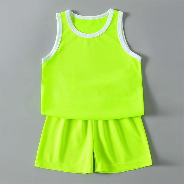 Conjuntos de camiseta sin mangas con cuello redondo para niños, camiseta sin mangas de color liso con cuello redondo y pantalones cortos con cintura elástica, conjunto de dos piezas de poliéster para